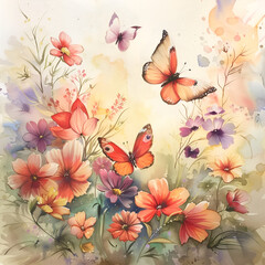 Obraz premium The watercolor painting of several butterflies flying in flowers garden.