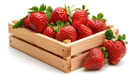 Fresh ripe strawberries in a wooden crate, isolated on a white background. Perfect for summer and organic food concepts.