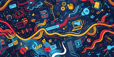 Futuristic Digital Transformation in Business: 3D Doodle Illustration of Data Streams and Tech Devices on Solid Background