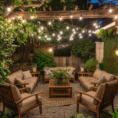 Obraz premium Cozy Backyard Patio with String Lights for Christmas. Warm Garden Outdoor Leisure with Comfortable Furniture, Lush Green Plants, and Relaxed Ambiance for Summer Nights and Team Building Events. AI-Gen