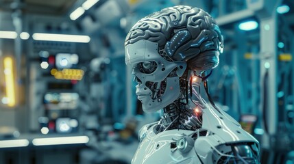 Robot with a human brain depicted in a high-tech futuristic setting The robot's design integrates human brain structures with sophisticated robotic components The scene includes a cutting-edge lab