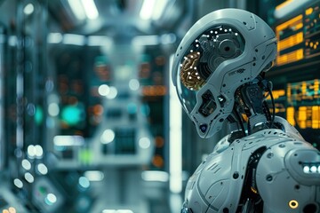 Fototapeta premium Advanced robot with a human brain in a futuristic tech lab The robot features a blend of human-like neural structures and state-of-the-art mechanical parts The background is filled with advanced