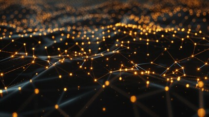 Naklejka premium Secure Network Connection: 3D Cyber Security Web with Nodes on Dark Background for Design Flexibility