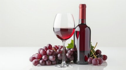 Red wine bottle and glass with grapes on white background, studio shot. Winery and viticulture concept