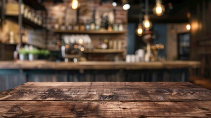 Brown Wooden Table with Blurred Coffee Shop Background for Photography or Product Presentation