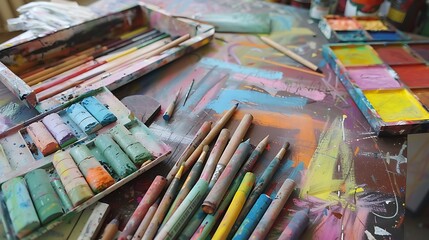 an array of pastel sticks and pastel paper spread out on a creative workspace