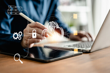 women use a laptop computer connecting to databases on the cloud virtual, workflow servers system and data center organization, efficiently manage data, document management systems online concept.