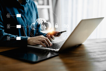women use a laptop computer connecting to databases on the cloud virtual, workflow servers system and data center organization, efficiently manage data, document management systems online concept.