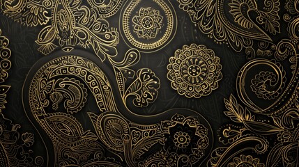 Intricate black and gold paisley patterns, luxurious texture.