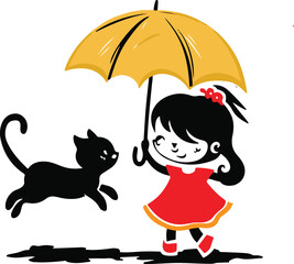 A cute girl with an Umbrella and a cat Illustration vector .