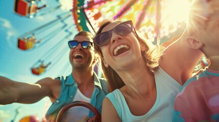 Close-up photorealistic parents and kids at a theme park, bright sunlight, detailed joyful faces and vibrant colors, exciting rides in the background