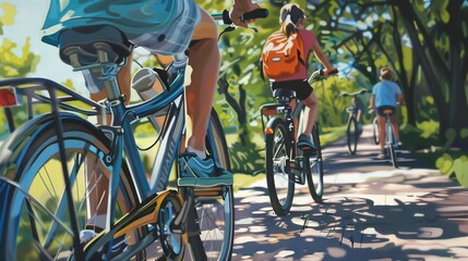 Photorealistic close-up of a family riding bicycles together, bright summer day, detailed bikes and smiles, vibrant colors, tree-lined path