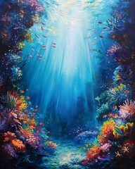 Obraz premium Vibrant underwater scene with colorful coral reefs and fish, illuminated by sunlight filtering through clear blue water.