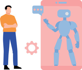 The boy is talking to the robot.