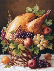 Artistic display of harvested fruits and a roasted turkey nestled in a basket, representing abundance and celebration.