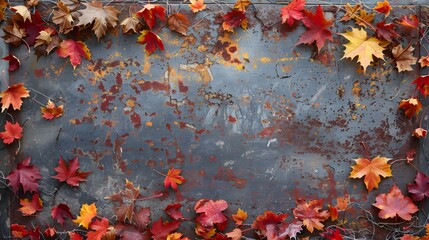 Fall backdrop Border of red orange and yellow leaves on vintage metal surface with wooden backdrop