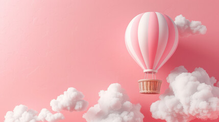 a hot air balloon with a basket, colorful patterns, fluffy white clouds, pastel pink background