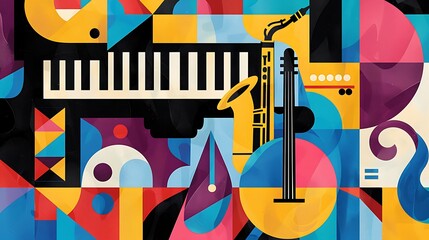 a graphic concert poster featuring a piano, saxophone, and guitar on a vibrant geometric design