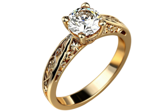 Beautiful gold wedding or engagement luxury ring with a diamond cut out, isolated, transparent background - PNG.