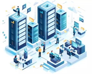 isometric flat illustration of digital transformation, people working on virtual desktops and a data center with server towers in the background,