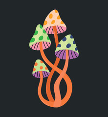Retro hippie psychedelic mushrooms in 60s 70s style. Groovy and funky fungus