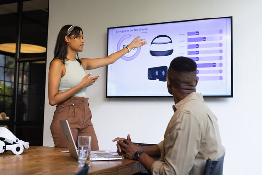 Presenting data on screen, woman explaining business changes to colleague in meeting