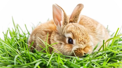 Obraz premium Adorable brown bunny on a white background grassy field