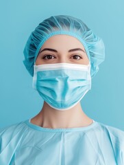 Female doctor in scrubs wearing protective cap and face mask for coronavirus safety measures.