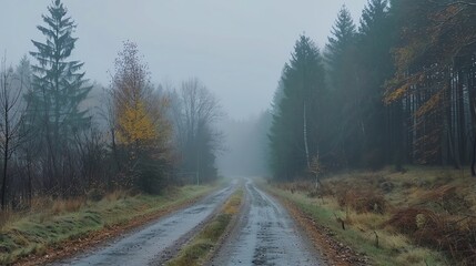 Fototapeta premium Asphalt road passes through dense forest covered in fog.