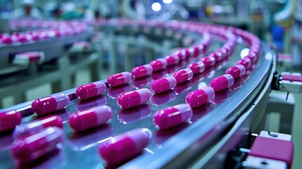 Close-up of pink and white pharmaceutical pills moving along a production line conveyor in a factory setting.