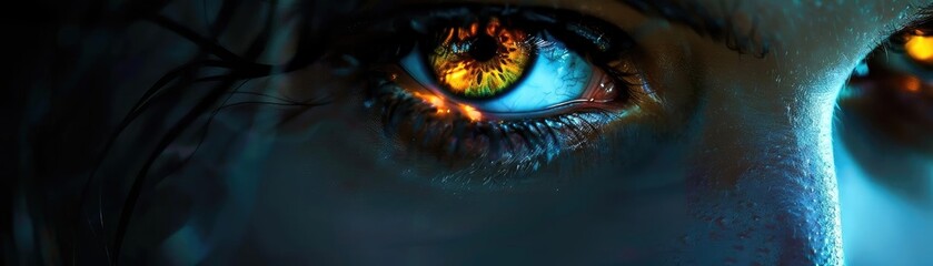 Fototapeta premium Close-up of a piercing, fiery eye with intricate details, capturing a sense of intensity and mystery.