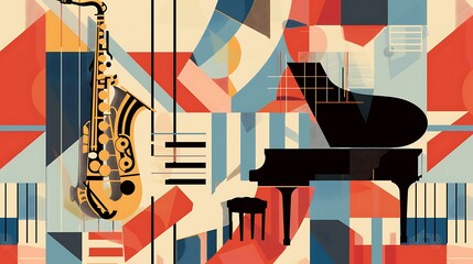 a stylish concert invitation with a piano, saxophone, and guitar on a geometric pattern background