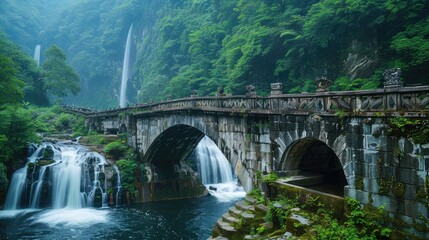 Fototapeta premium a modern long stone bridge for cars, Chinese style decorated stone bridge, bridge crossing a large stream of water, running perpendicular to a waterfall