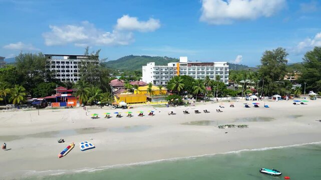 Drone view from Cenang Beach, Langkawi, Kedah, Malaysia during a sunny day.