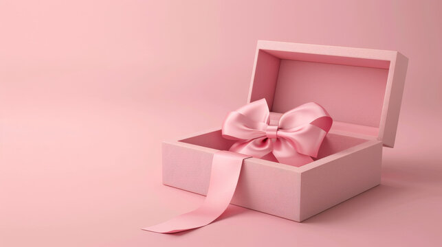 An elegant pink gift box with a satin ribbon bow, open and ready to reveal a surprise, against a soft pink background.