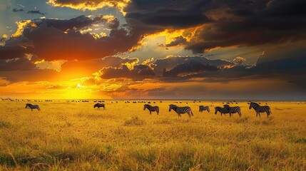 Obraz premium African wild zebras and wildebeest in the African savanna against a background of cumulus thunderclouds and the setting sun. Wild nature of Tanzania. Artistic natural image 