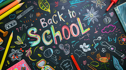 Fototapeta premium Colorful Chalkboard Background with Doodles of School Supplies that says Back to School in bold letters. The design includes back to school related items all drawn using bright colors on black