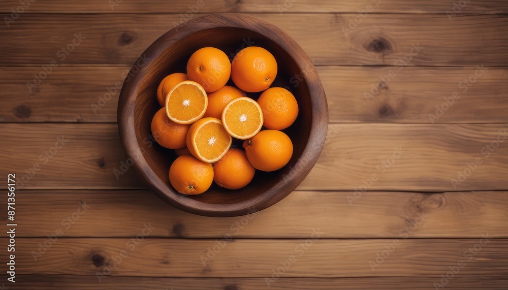 Poster Top view of oranges on a wooden bowl on a wooden background