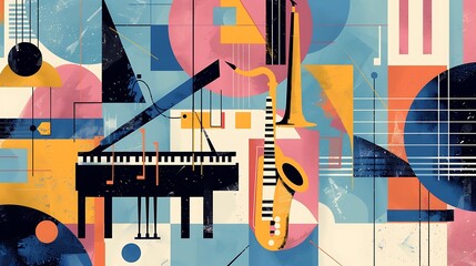 an artistic orchestra graphic with a piano, saxophone, and guitar on a geometric background