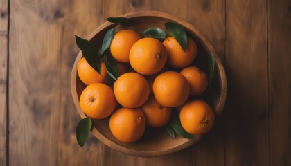 Top view of oranges on a wooden bowl on a wooden background