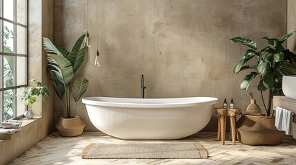 Beige home bathroom interior with bathtub and accessories