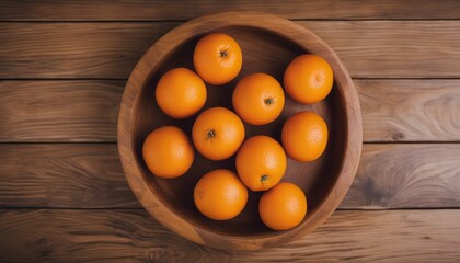 Top view of oranges on a wooden bowl on a wooden background