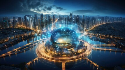 Futuristic Cityscape with a Holographic Sphere