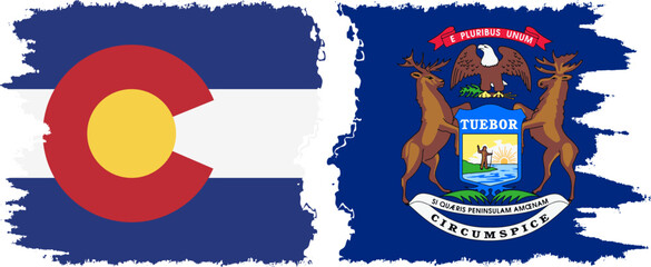 Michigan and Colorado states grunge brush flags connection vector