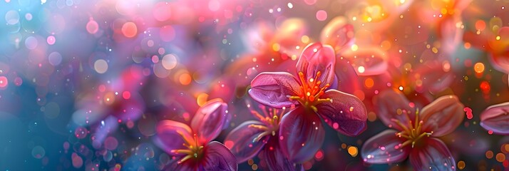Abstract colorful background with plastic flowers and bokeh lights for a Valentine s Day card or spring holiday decoration