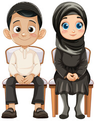 Illustration of a Muslim boy and girl seated