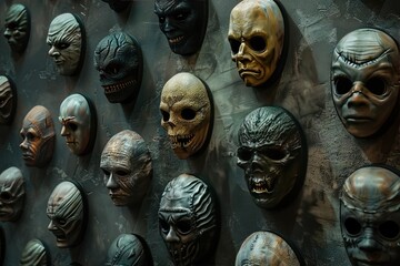 A collection of eerie, detailed masks on a dark wall, creating an unsettling atmosphere. Perfect for Halloween or horror-themed designs.