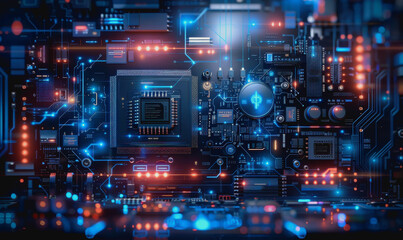 Fototapeta premium Cyber themed digital background with blue glowing lines and interconnected circuits