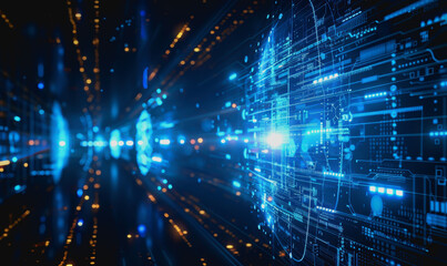 Obraz premium Cyber themed digital background with blue glowing lines and interconnected circuits