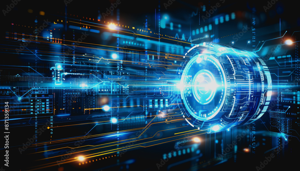 Poster digital abstract background with blue technology graphics and interconnected circuits